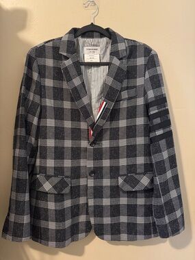 Thom Browne Black & White Plaid Sport Coat with Sleeve Stripe